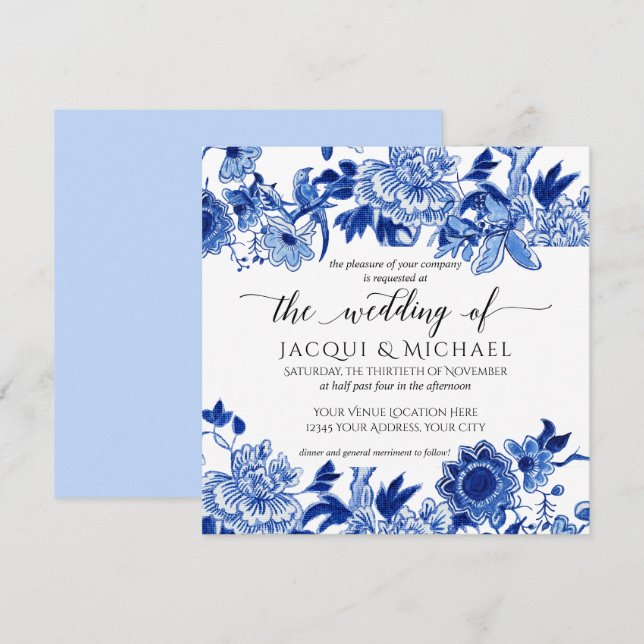 Asian Influence Light Blue Floral Wedding Artwork Invitation (Front/Back)
