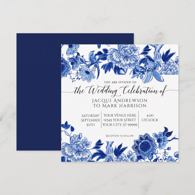 Asian Influence Navy Blue and White Floral Wedding Invitation (Front/Back)