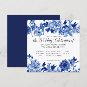 Asian Influence Navy Blue and White Floral Wedding Invitation