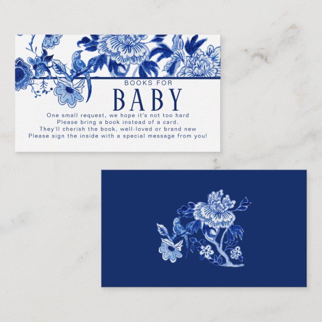 Asian Influence Navy Blue Floral Bird Books Baby Enclosure Card (Front/Back)
