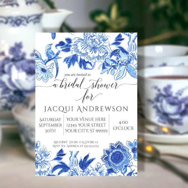 Asian Influence White Blue Floral Bridal Shower Invitation (Creator Uploaded)