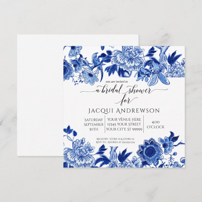 Asian Influence White Blue Floral |Bridal Shower Invitation (Front/Back)