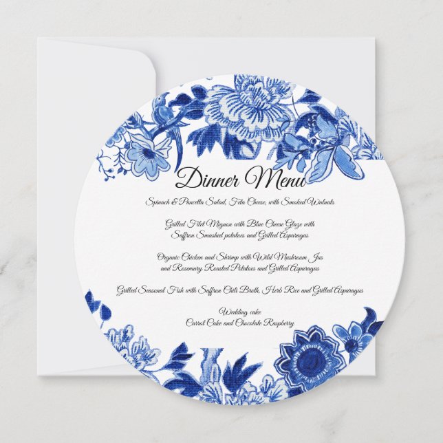 Asian Influence White Blue Floral Dinner Menu Invitation (Front)