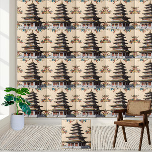 Asian-Inspired Floral Temple Chinoiserie Pagoda Tile