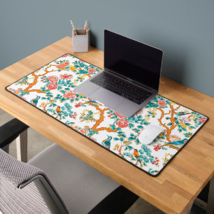 Asian-Inspired Patterns, Colourful Flowers Birds Desk Mat