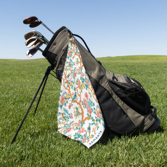 Asian-Inspired Patterns, Colourful Flowers Birds Golf Towel (Green)