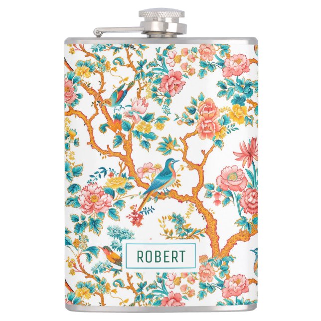 Asian-Inspired Patterns, Colourful Flowers Birds Hip Flask (Front)