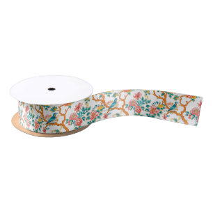 Asian-Inspired Patterns, Colourful Flowers Birds Satin Ribbon