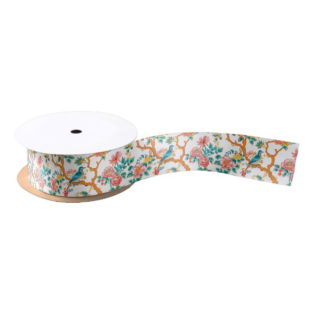 Asian-Inspired Patterns, Colourful Flowers Birds Satin Ribbon (Spool)