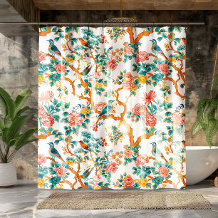 Asian-Inspired Patterns, Colourful Flowers Birds Shower Curtain