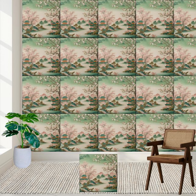 Asian Inspired Scenic Landscape Chinoiserie Garden Tile (Asian Inspired Scenic Landscape Chinoiserie Garden Ceramic Tile)