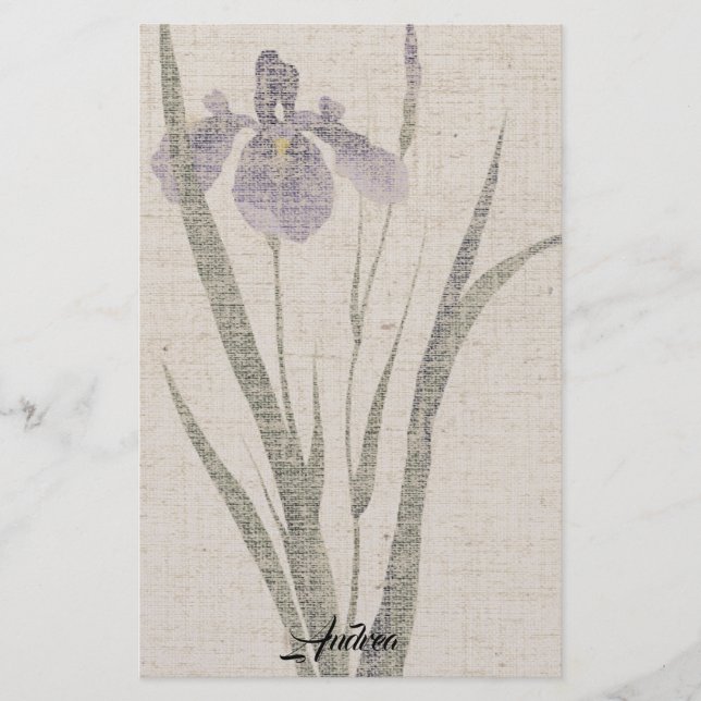 Asian Iris Flower Leaves Linen Look Stationery (Front)