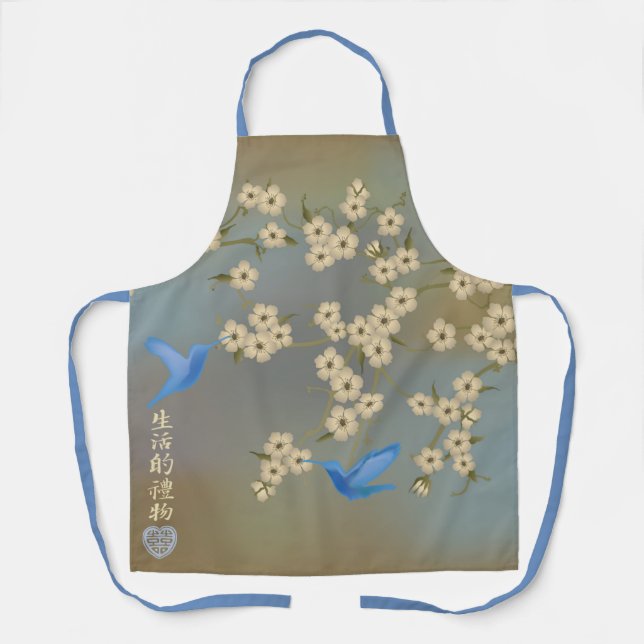 Asian Ivory blossom blue birds "Gift of life" Apron (Front)