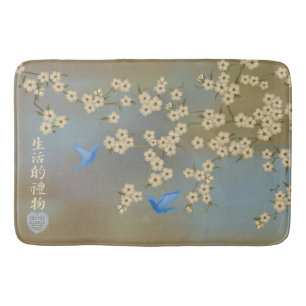 Asian Ivory blossom blue birds "Gift of life" Bath Mat