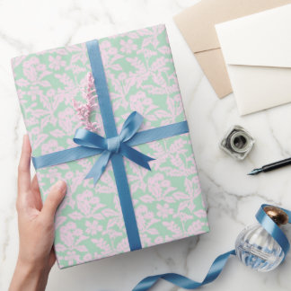 Asian Japanese Pastel Pink & Green Floral Wrapping Paper