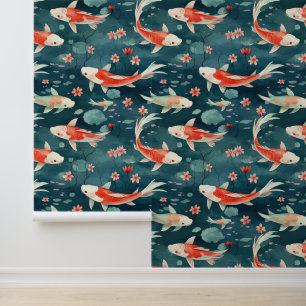 Asian Koi Fish Pond Lotus Flowers Floral Wallpaper
