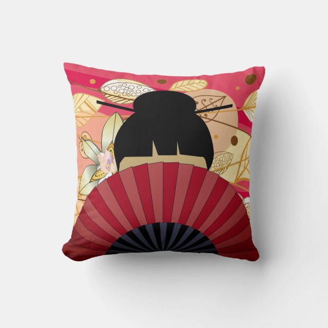 Asian Lady & Fan Autumn Fall Leaves Pillow (Front)