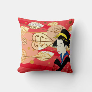 Asian Lady & Fan Autumn Fall Leaves Pillow