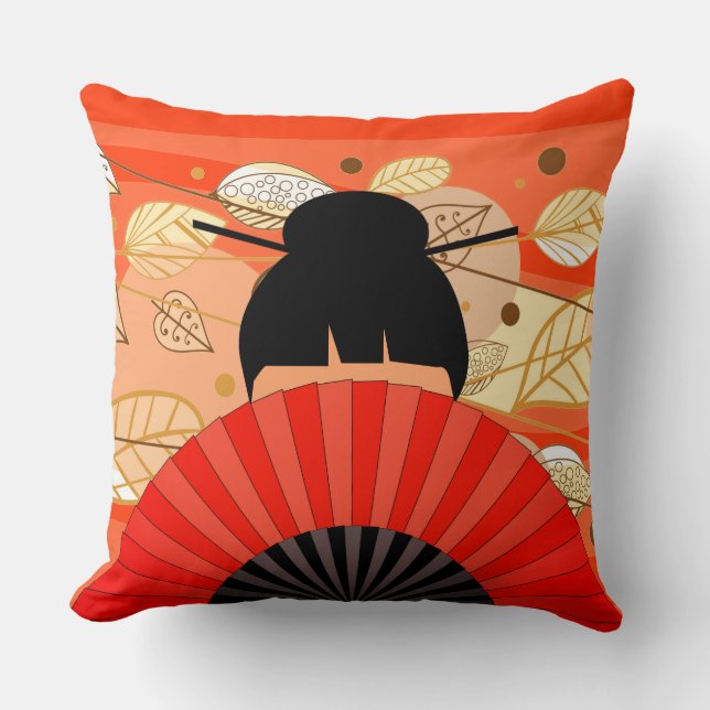 Asian Lady & Fan with Autumn Fall Leaves Pillow (Front)