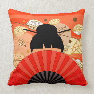 Asian Lady & Fan with Autumn Fall Leaves Pillow