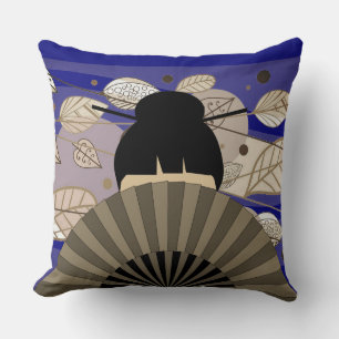 Asian Lady & Fan with Autumn Fall Leaves Pillow
