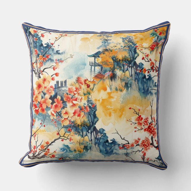 Asian Landscape with Pagoda Cushion (Front)