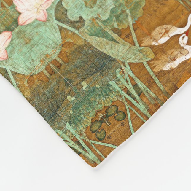 Asian Lotus Flower Lilypad Birds Fleece Blanket (Corner)