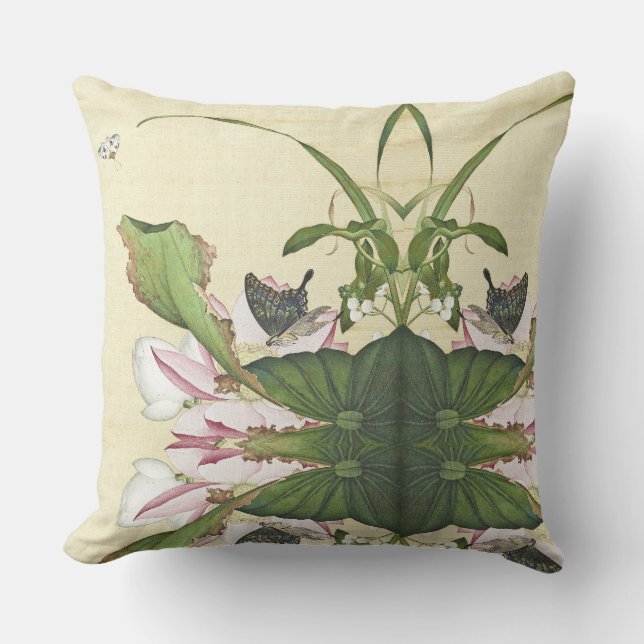 Asian Lotus Flowers Butterfly Collage Throw Pillow (Front)