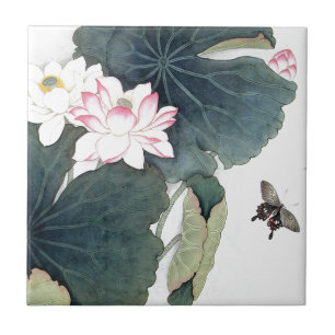 Asian Lotus Leaf Pink Flower Butterfly Art Cool Tile