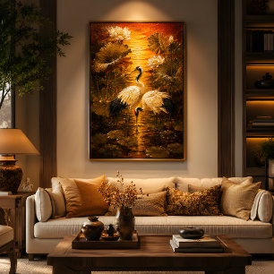Asian Love & Peace Lotus Cranes Oil Painting Canvas Print