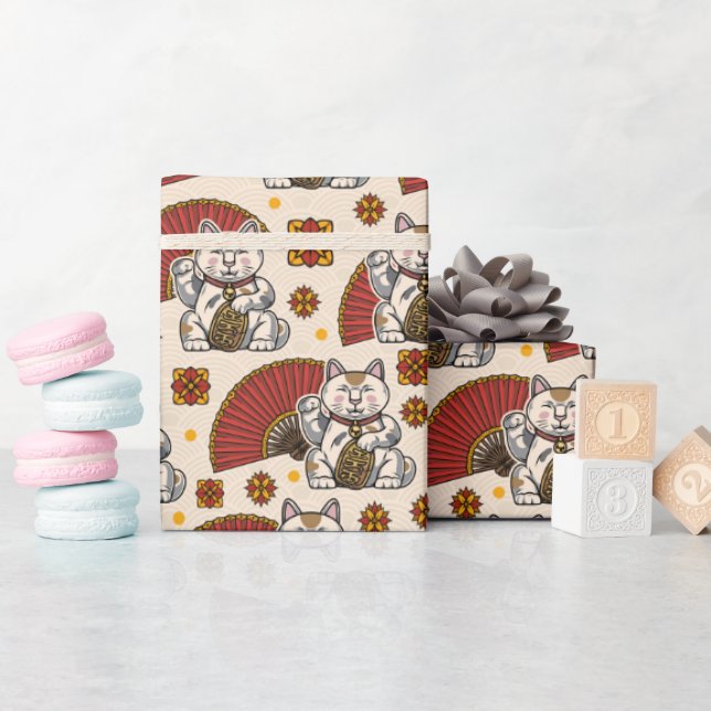 Asian Maneki Neko Cat  Wrapping Paper (Baby Shower)