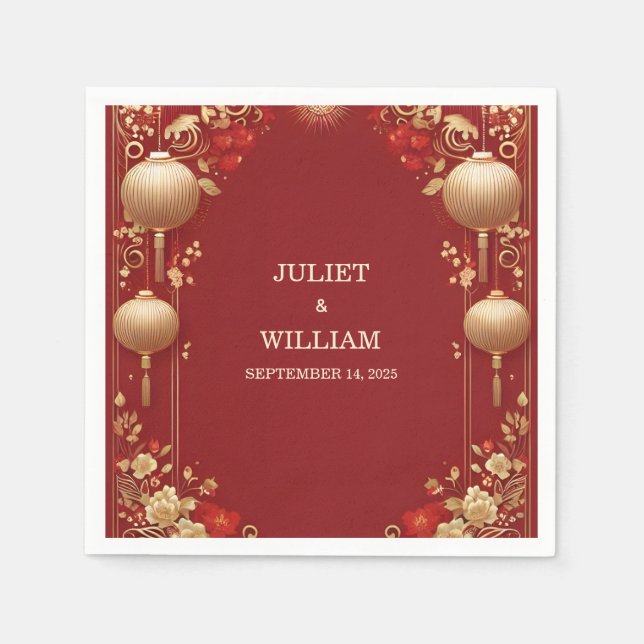 Asian Modern Floral Chinese Bilingual Wedding Napkin (Front)