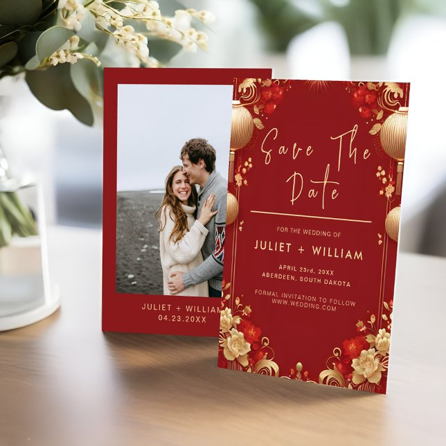 Asian Modern Floral Chinese Bilingual Wedding Save The Date (Creator Uploaded)