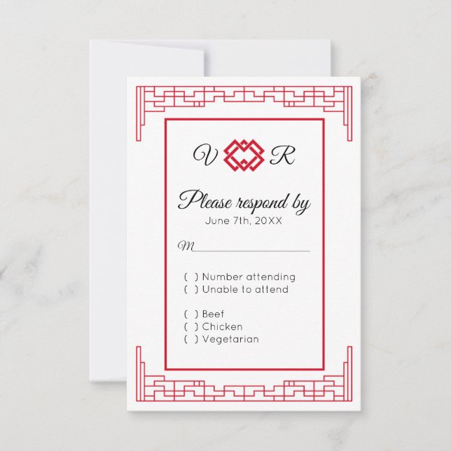 Asian Monogram Red Black Wedding RSVP Response (Front)