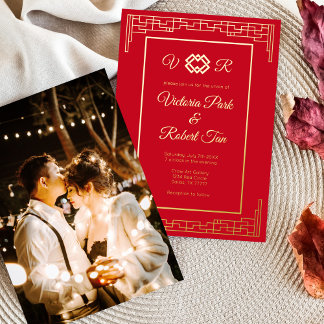 Asian Monogram Red Gold Foil Photo Wedding
