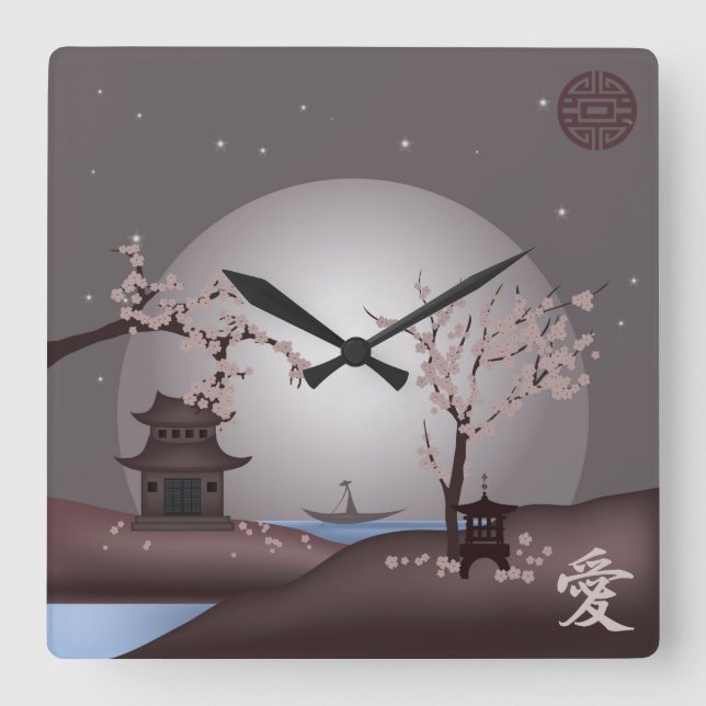 Asian moonlight landscape mountain blossom pink square wall clock (Front)