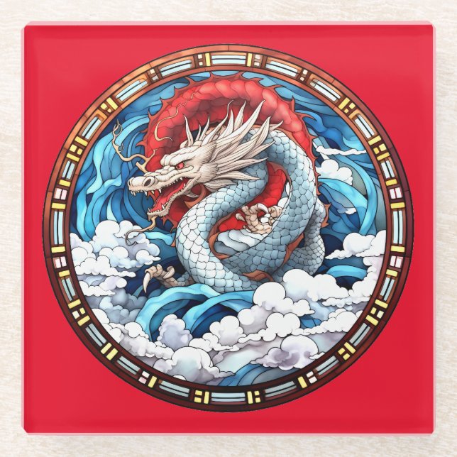 Asian Mythical Dragon in Red and Blue Glass Coaster (Front)