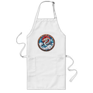 Asian Mythical Dragon in Red and Blue Long Apron