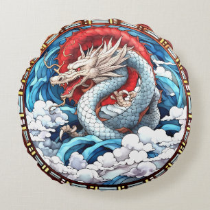 Asian Mythical Dragon in Red and Blue Round Cushion