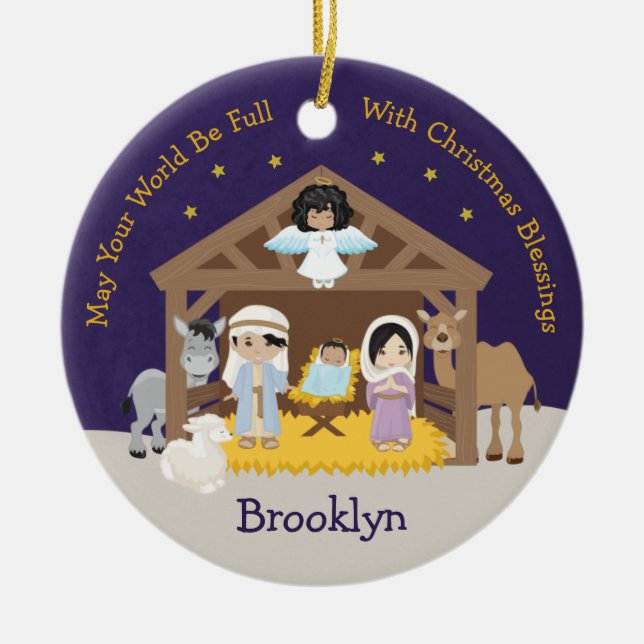 Asian Nativity Scene Ceramic Tree Decoration (Front)