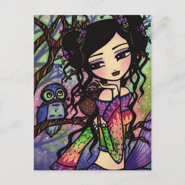 Asian Owl Berry Mermaid Fairy Fantasy Art Girl Postcard (Front)