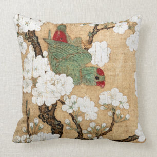 Asian Parrot Bird Flower Blossoms Throw Pillow