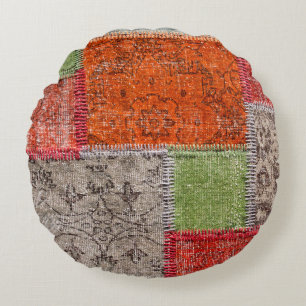 Asian patchwork carpet in Istanbul, Turkey. Close  Round Cushion