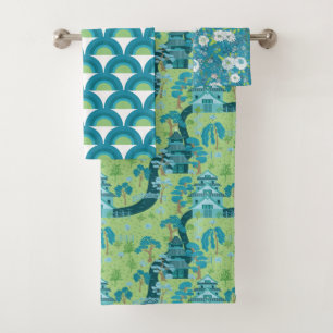 Asian Pattern Blue Green Bath Towel Set