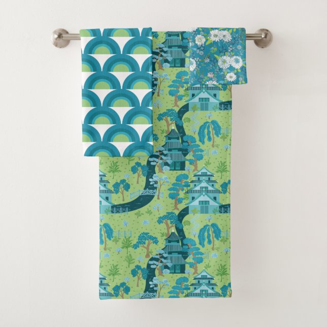 Asian Pattern Blue Green Bath Towel Set (Insitu)
