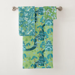 Asian Pattern Blue Green Bath Towel Set