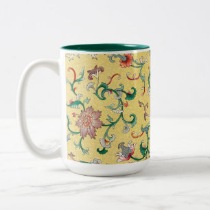 Asian Pink Peony Garden on Pastel Butter Yellow Two-Tone Coffee Mug