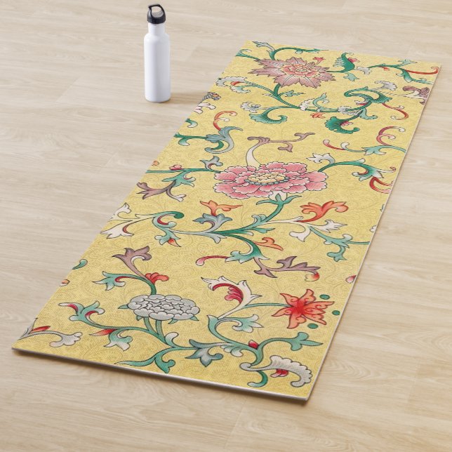 Asian Pink Peony Garden on Pastel Butter Yellow Yoga Mat (In Situ)