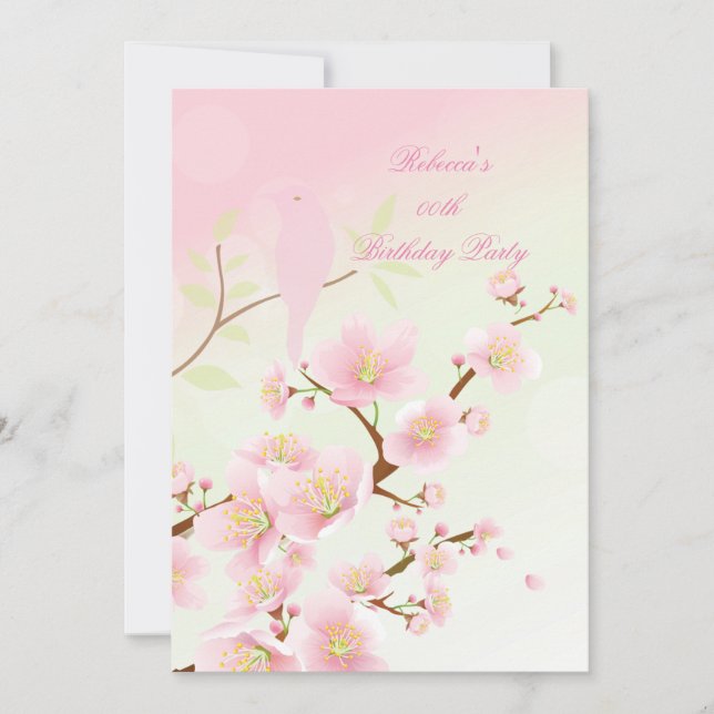 Asian Pretty Pink Cherry Blossom Birthday Party Invitation (Front)