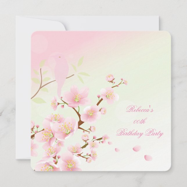 Asian Pretty Pink Cherry Blossom Birthday Party Invitation (Front)